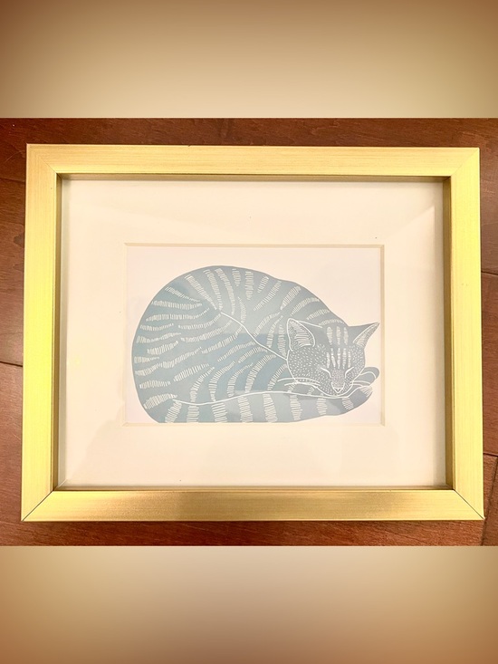 Other - Framed Original Cat Art Print - Light Blue and White